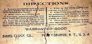 Baird Clock Directions c. 1893 paper label